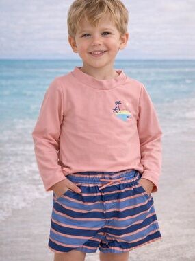 Boys Rash Guard Swim Set 2PC Pink Long Sleeve Striped Swim Trunks size 4t